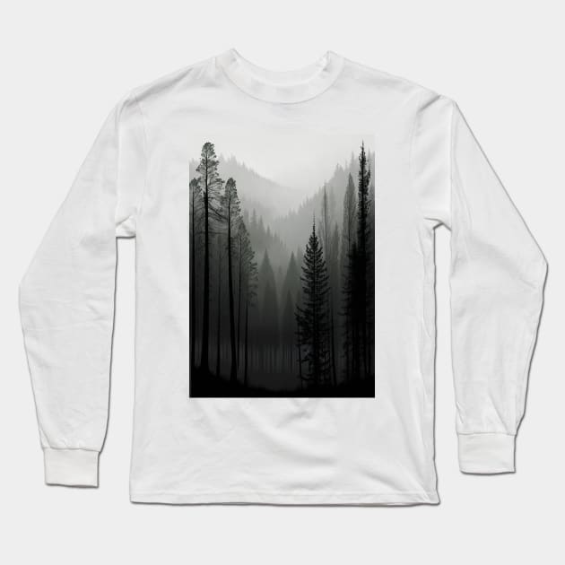 Misty Pine Trees in a Spooky Forest Long Sleeve T-Shirt by CursedContent